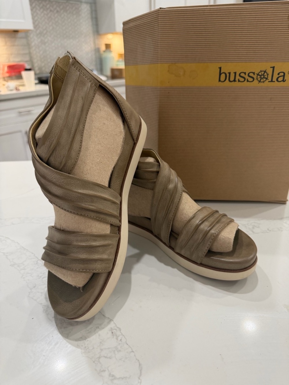 bussola Taupe Ruched Leather Wedge Sandals